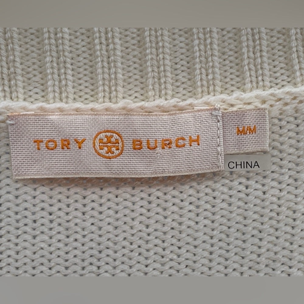 Tory Burch Cream V‑Neck Sweater with Blue, Orange & Green Chevron - Picture 2 of 11